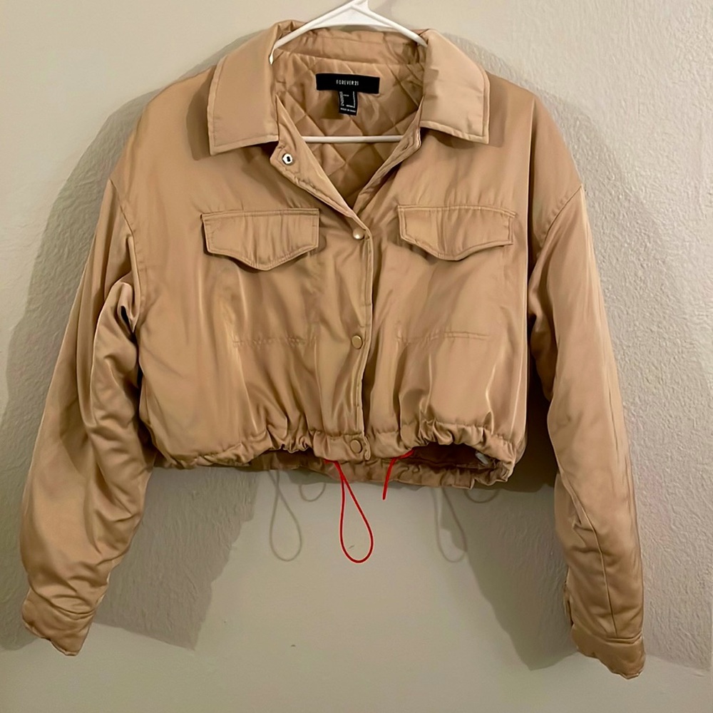 Satin Quilted Crop Jacket Tan
